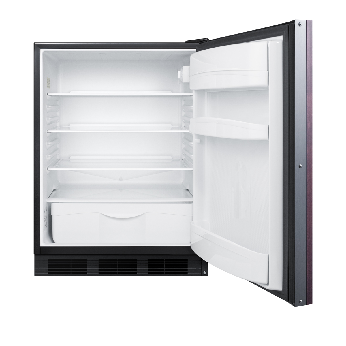 Built-in undercounter all-refrigerator for general purpose use, auto defrost w/integrated door frame for overlay panels and black cabinet
